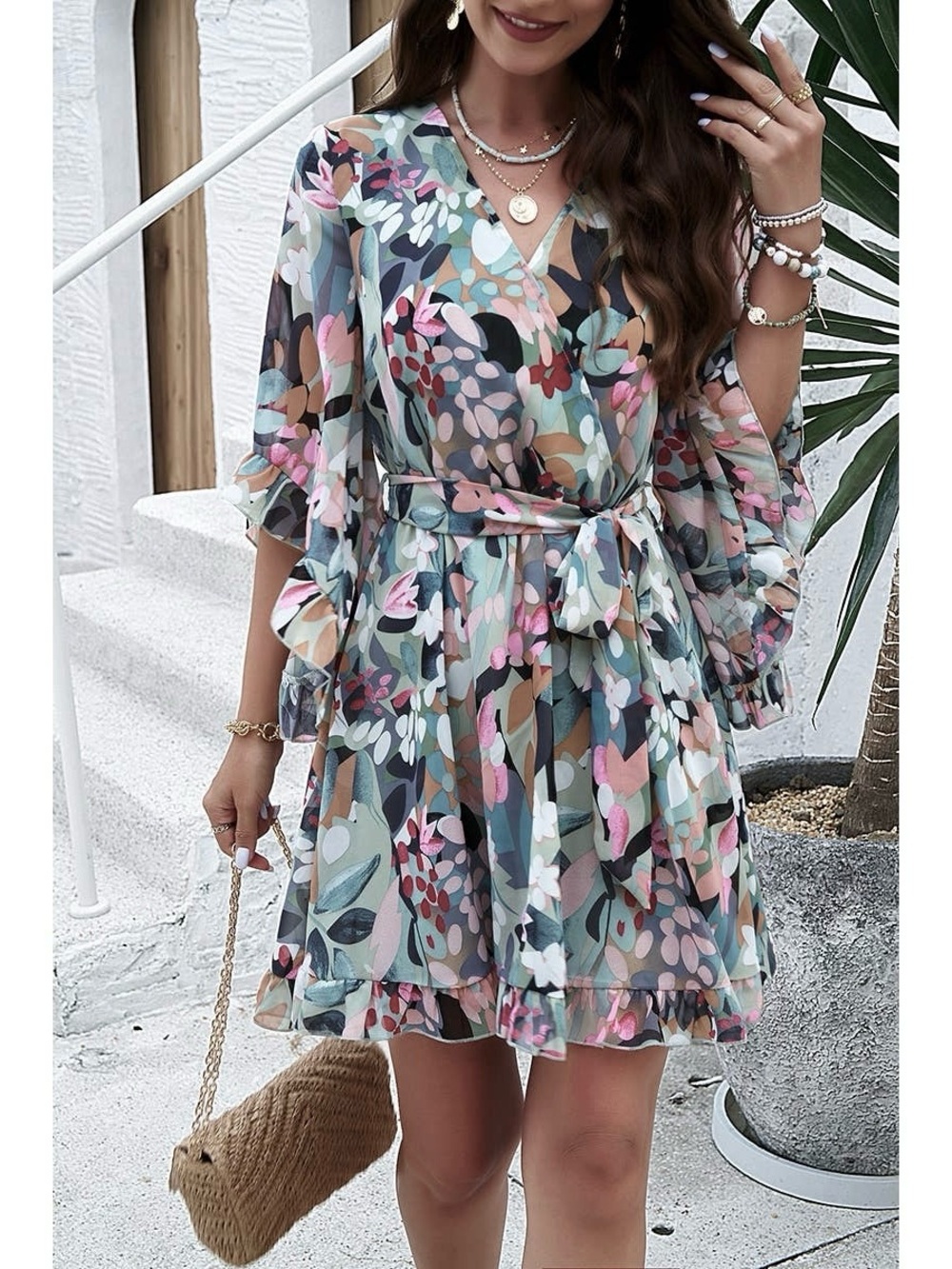 🟠NWT MISS SPARKLING Ruffle Sleeve, Ruffle Hem Mini Dress - Sage Floral SMALL